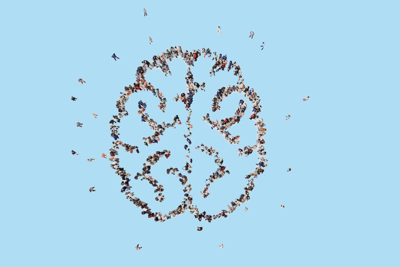 Illustration eines Gehirns, das aus vielen von oben fotografierten Personen besteht. Der Hintergrund ist hellblau.
